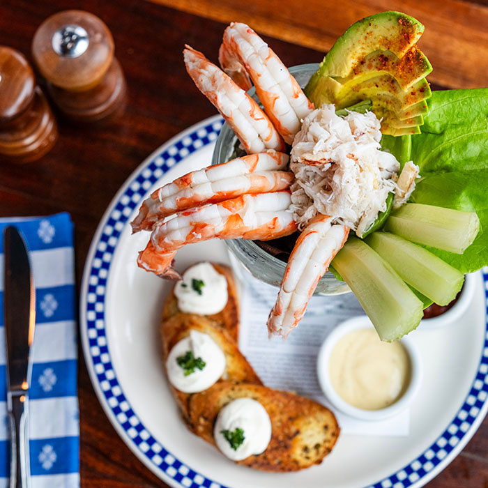 Duke's Seafood prawn cocktail with crab and crostini